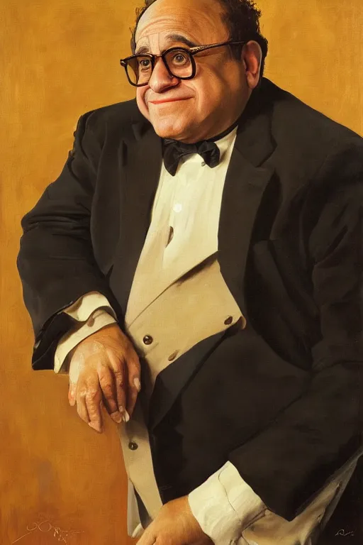 Prompt: Danny DeVito, oil on canvas, golden hour, artstation, by J. C. Leyendecker and Peter Paul Rubens,