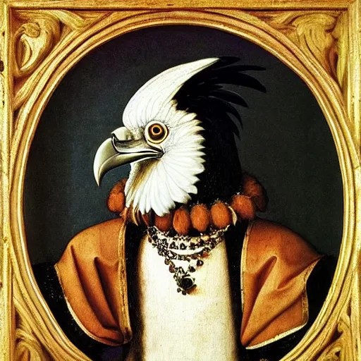 Image similar to a highly detailed renaissance oil painting of an anthropomorphic raven dressed in elegant tudor clothes by hans holbein