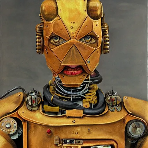 Prompt: high quality high detail painting by lucian freud, hd, portrait of scifi robot, steampunk