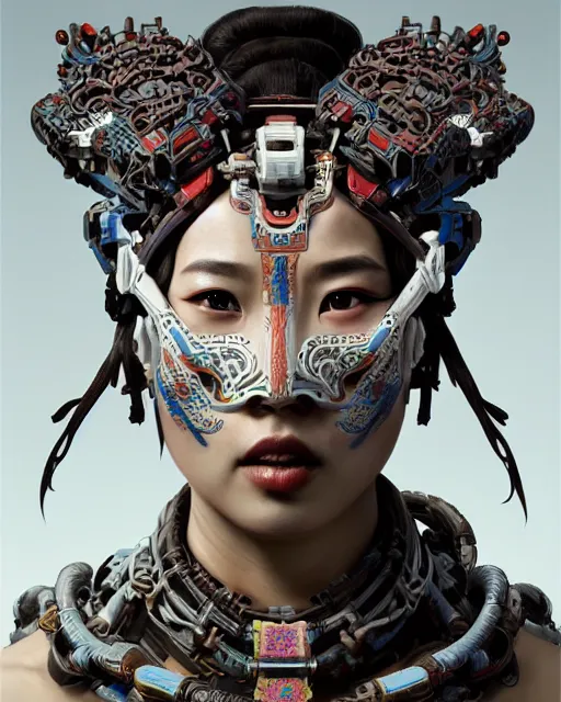 Image similar to portrait of a machine from horizon zero dawn, machine face, upper body, decorated with chinese opera motifs, asian, traditional chinese art, intricate, elegant, highly detailed, digital painting, artstation, concept art, smooth, sharp focus, illustration, art by artgerm and greg rutkowski and alphonse mucha, 8 k