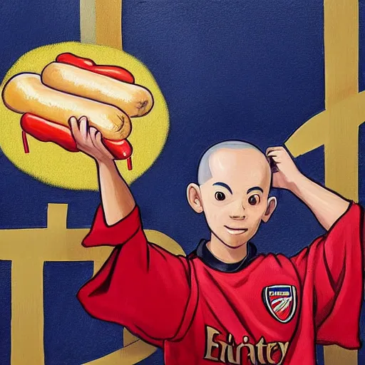 Image similar to a painting portrait of last airbender in an arsenal jersey eating a hot dog,