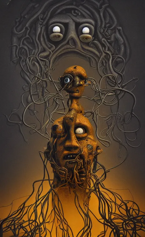 Image similar to thomas the tank engine in style of zdzisław beksinski, extremely dramatic lighting, 8 k, tendrils, black, darkness, black slime tendrils, infected, rust, body horror, thomas the train, thomas the tank engine face, horror,