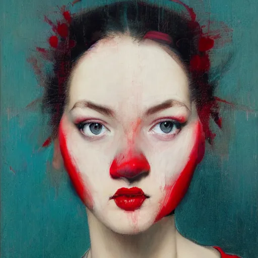 Prompt: realistic detailed face portrait of a female with red blushing cheeks and red nose in the style of Contemporary Modern art by Malcolm Liepke and James Jean and Norman Rockwell, Triadic color scheme, Kojima, Yoshitaka Amano, Karol Bak, Expressionism, intricate fine details, exquisite, rich deep moody colors, beautiful flat vibrant background