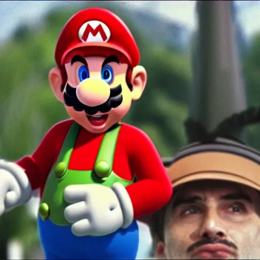 Prompt: Mario in a hat with an M smoking in a french new wave Godard film aesthetic
