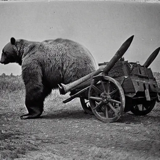 Image similar to a picture of a giant bear pulling a towed canon on wheel behind his back, eastern front, ww 2, historical picture