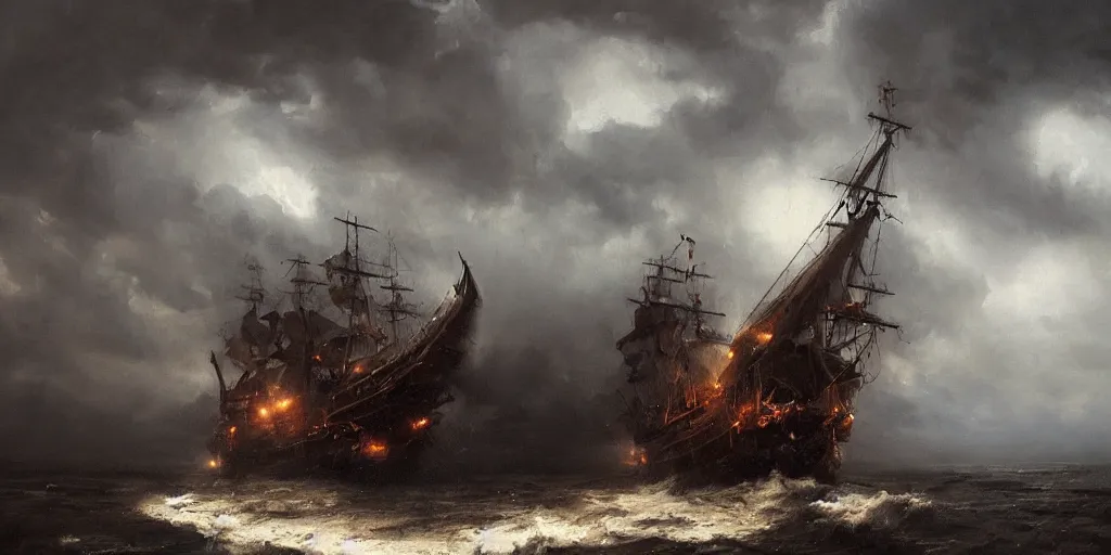 Image similar to A hyper realistic oil painting of a pirate ship in a storm, dark clouds above, fog, lightning lights the sky, by Greg Rutkowski, hyper detailed, trending on artstation