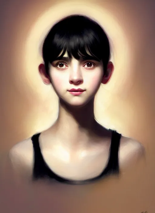 Prompt: portrait of teenage girl, narrow face, short black hair, bangs, half updo hairstyle, skinny, big nose, smile, unattractive, defined jawline, long chin, wearing hair bow, earrings, intricate, elegant, glowing lights, highly detailed, digital painting, artstation, sharp focus, illustration, art by wlop, mars ravelo and greg rutkowski