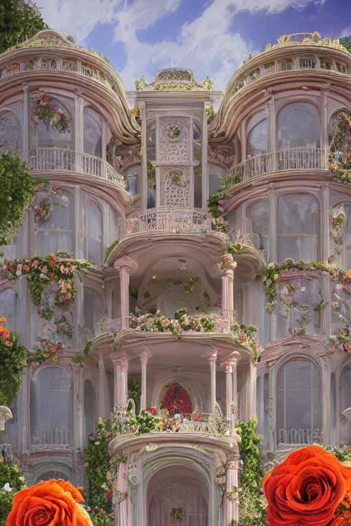 Image similar to The front of the white Rococo-style castle is full of roses, Art Nouveau Cosmic 4k Detailed Matte Illustration featured on Getty Images ,CGSociety, Jade and Carrot orange color scheme, Pastiche by Marc Simonetti, Pastiche by Cedric Peyravernay