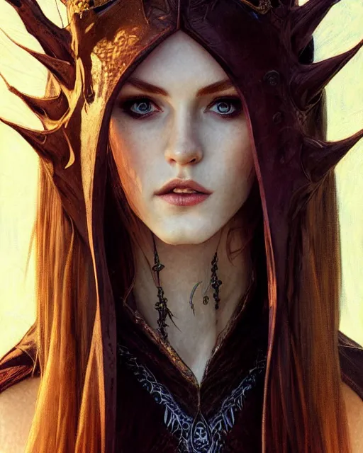 Image similar to portrait of katherine mcnamara elven mage, dark, piercing eyes, gentle expression, elegant clothing, photorealistic, highly detailed, artstation, smooth, sharp focus, art by michael whelan, artgerm, greg rutkowski and alphonse mucha