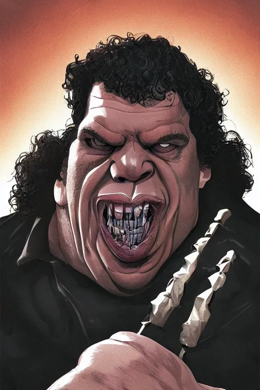 Prompt: andre the giant in sleepy hollow, full body, big two toned eyes, teeth gritted, horror, intricate details, cinematic, epic, realistic, anatomy, tomer hanuka, uplight, artstation, photorealistic, scary