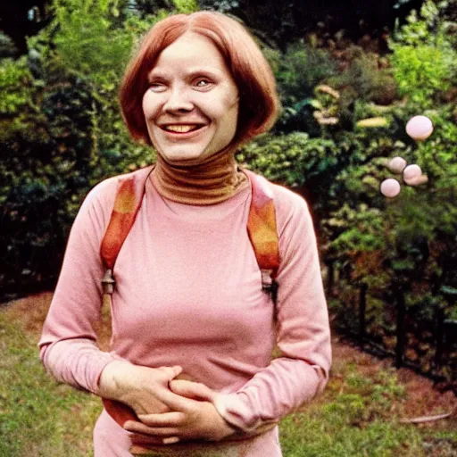 Image similar to smiling woman with an inflatable spherical prosthetic nose, cardboard googly eyes, 1 9 7 6, color, tarkovsky, medium - shot 1 6 mm film, in a garden