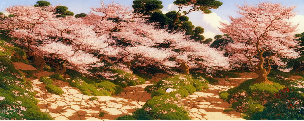 Prompt: ghibli, nippon animation painting illustrated background of a flowery rocky grassy field with red cherry blossom trees, a rocky path with a fence by eugene von guerard, ivan shishkin, john singer sargent