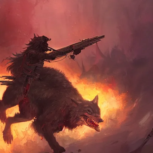 Prompt: a red skinned demon with rifle, stomp on a wolf skull, by greg rutkowski, magic the gathering, 4 k