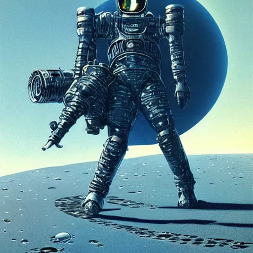 Prompt: crusader standing on the moon, vintage sci - fi art, by bruce pennington