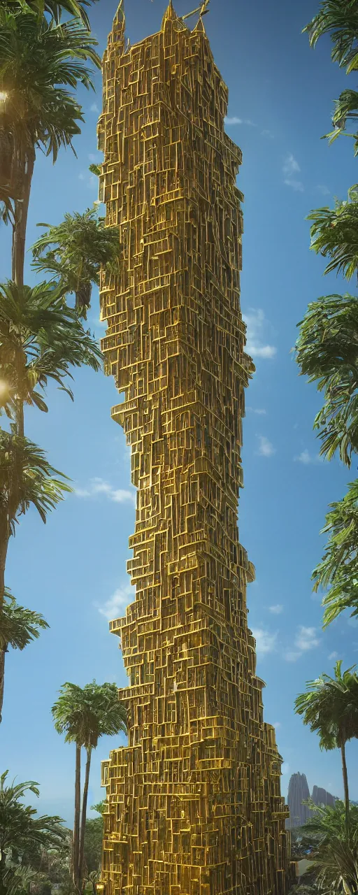 Prompt: epic eye level view of a contemporary tower, golden intricate details, golden facade, sacred architecture, hanging gardens, cascading highrise, arid mountains with lush palm forest, photorealistic, sunlight, 8 k, post - production, octane, cgi, sfx