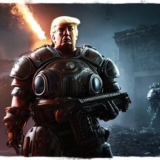 Image similar to Photo portrait of Donald Trump as Crusader!! in Gears of War, splash art, movie still, detailed face, photorealistic facial features, cinematic lighting, dramatic, octane render, long lens, shallow depth of field, bokeh, anamorphic lens flare, 8k, hyper detailed, 35mm film grain