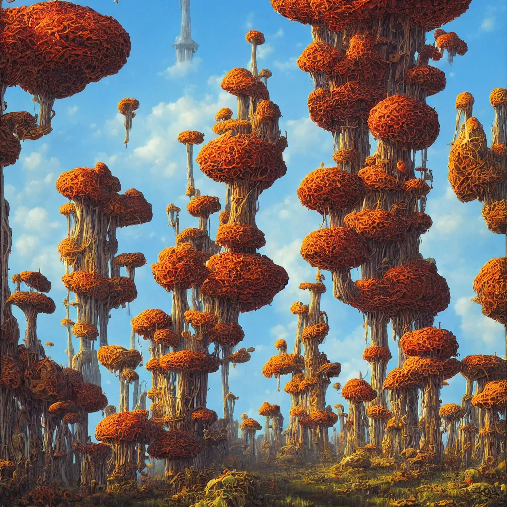 Image similar to a single! colorful! fungus tower clear empty sky, a high contrast!! ultradetailed photorealistic painting by michael whelan, hard lighting, masterpiece