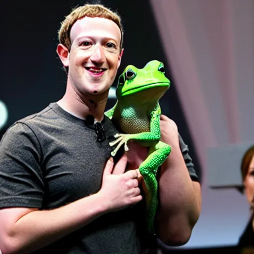 Prompt: mark zuckerberg with a frog on his shoulder