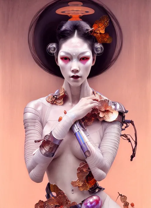 Prompt: organic Geisha cyborg, translucent pearlescent skin, diffuse lighting, fantasy, intricate, elegant, highly detailed, lifelike, photorealistic, digital painting, artstation, illustration, concept art, smooth, sharp focus, art by John Collier and Albert Aublet and Krenz Cushart and Artem Demura and Alphonse Mucha