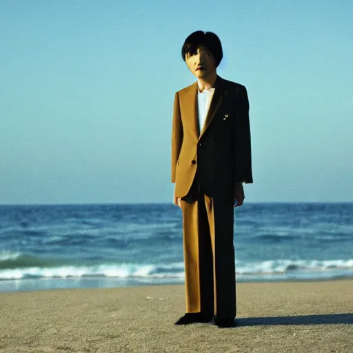 Prompt: a japanese man wearing a beige suit and black pants standing in the ocean, sunset, night, wide shot, tatsuro yamashita, album cover, 1981, grammy award winning