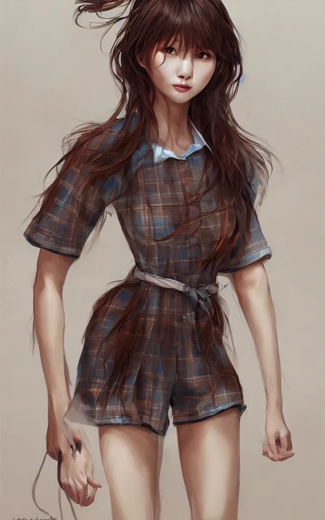 Prompt: a beautiful korean woman with sultry honey eyes and brown hair, wearing plaid pleat shorts and drawstring shirred tube top, stunning, highly detailed, digital painting, artstation, hard focus, art by artgerm and wlop