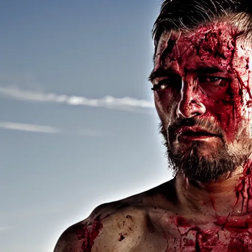 Prompt: portrait of snarling UFC fighters, bloodied and bruised, desert background,