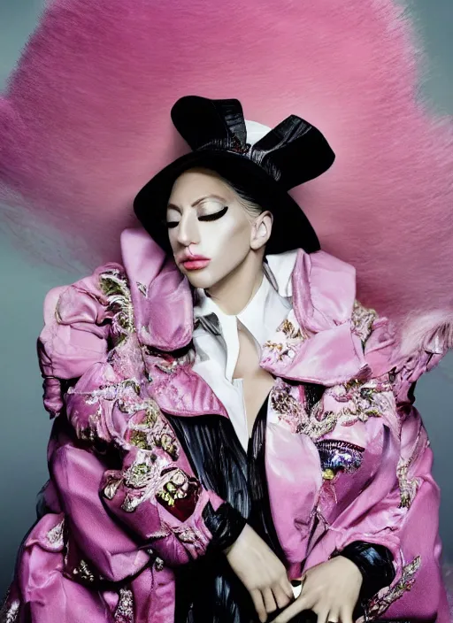 Image similar to lady gaga styled by nick knight posing in an japanese setting , vogue magazine, Highly realistic. High resolution. Highly detailed. Dramatic. 8k.4k.