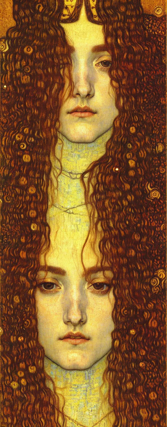 Image similar to detailed realistic beautiful young medieval queen face portrait by jean delville, gustav klimt and vincent van gogh, art nouveau, symbolist, visionary, gothic, pre - raphaelite, muted earthy colors, desaturated