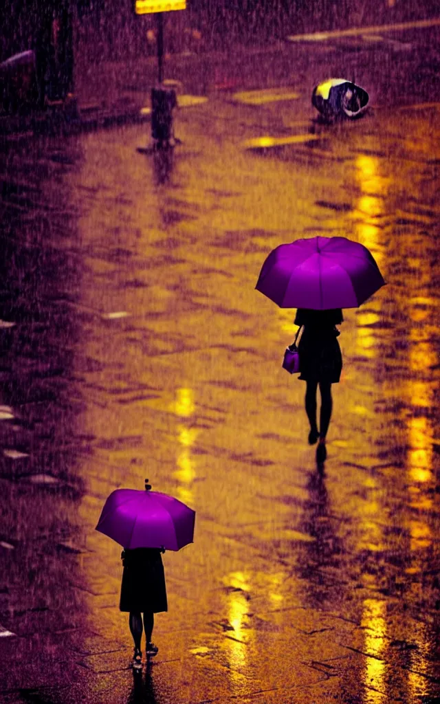 Image similar to a woman holding a purple umbrella walking on the wet street on a rainy night in a hong kong by wes anderson and makoto shinkai. dramatic lighting. cel shading.