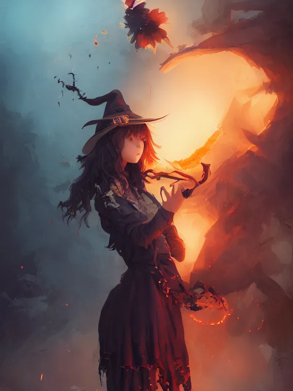 Image similar to Full shot of a cute mischievous young witch about to get up to some trouble. Black and Orange palette. By Ruan Jia and Artgerm and Range Murata and WLOP and CLAMP. Key Art. Fantasy Illustration. award winning, Artstation, intricate details, realistic, Hyperdetailed, 8k resolution.