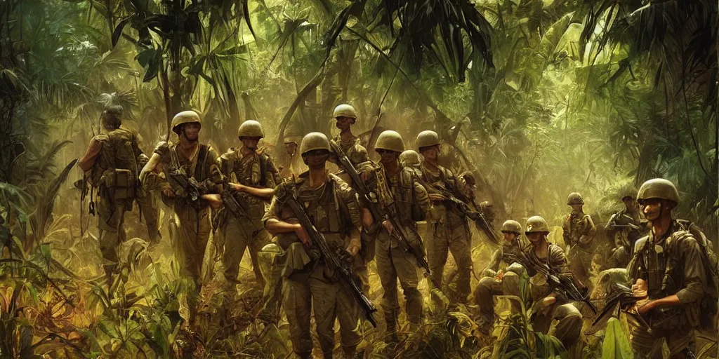 Prompt: a platoon of american soldiers on night patrol in the vietnamese jungle illuminated by napalm strike, beautiful, cinematic, art by artgerm and greg rutkowski and alphonse mucha and loish and wlop