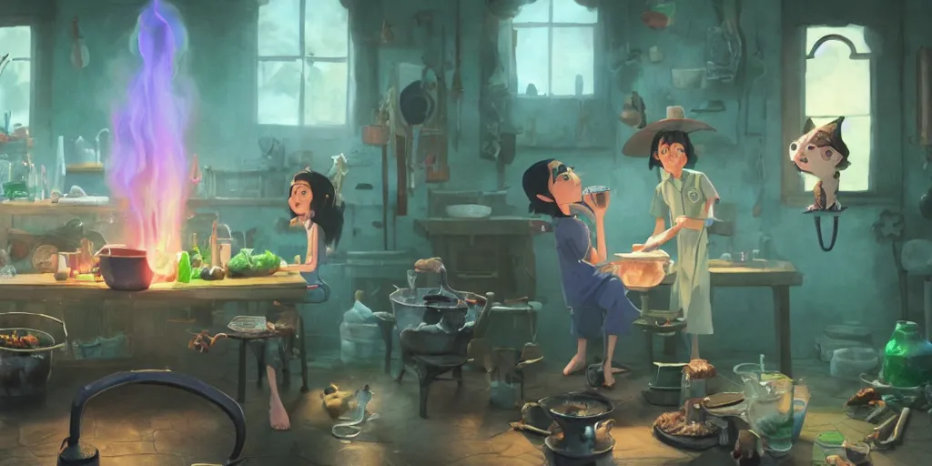 Image similar to a wholesome animation key shot of a steve buscemi with black hair as a witch cooking a magic potion in his cauldron of bubbling green liquid as his cats watch, medium shot, waist up, studio ghibli, pixar and disney animation, sharp, rendered in unreal engine 5, anime key art by greg rutkowski, bloom, dramatic lighting