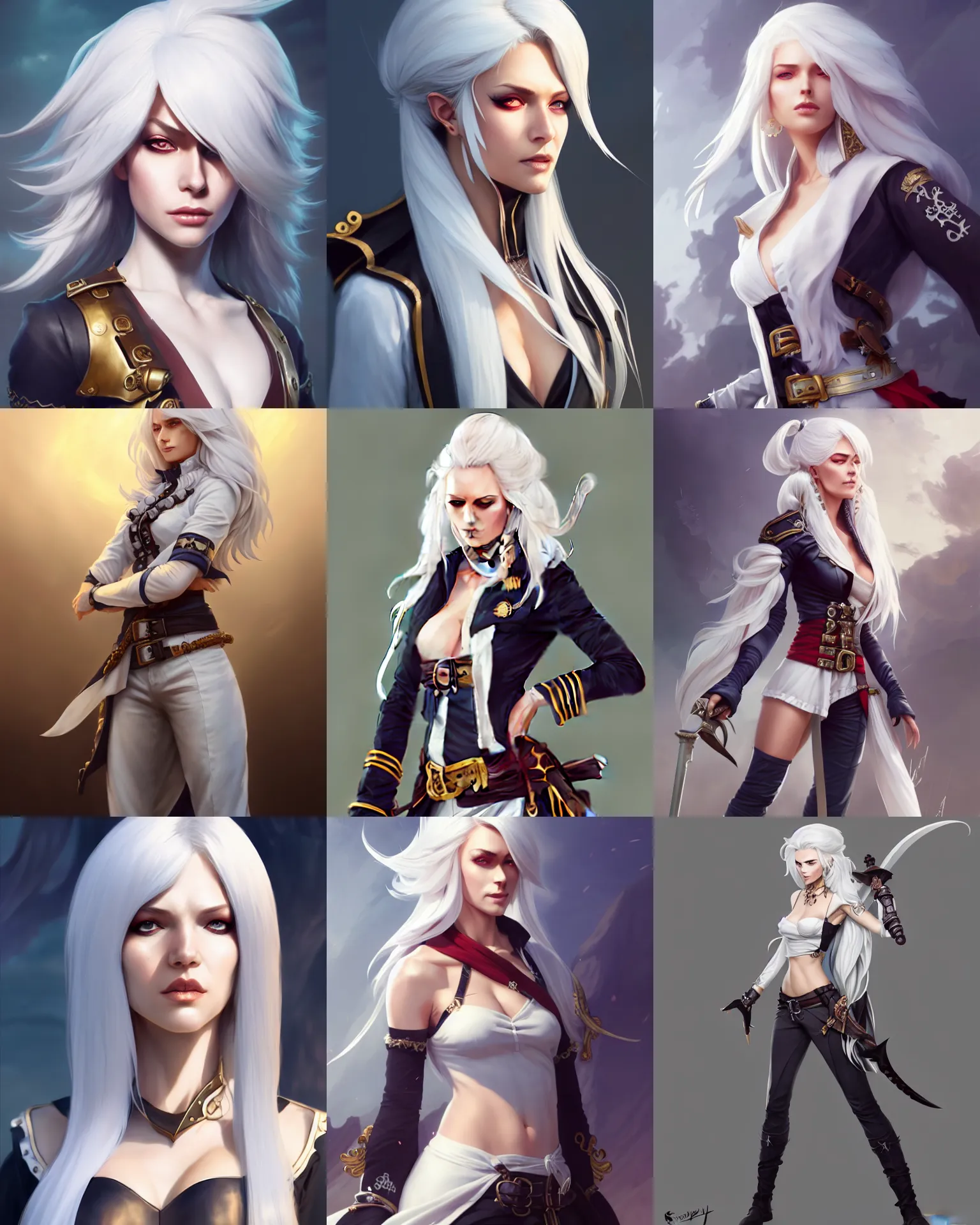 Prompt: full body character concept art of a gorgeous stylish white haired female pirate captain | | distinct - fine, key visual, realistic shaded perfect face, fine details by stanley artgerm lau, wlop, rossdraws, james jean, andrei riabovitchev, marc simonetti, sakimichan, and jakub rebelka, trending on artstation