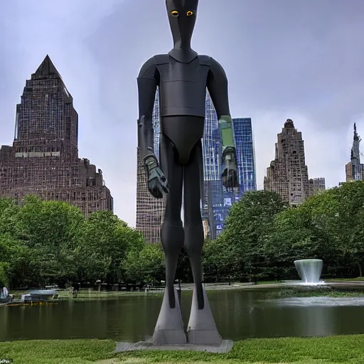 Image similar to gort from the day the earth stood still standing menacingly and evil in new York City park