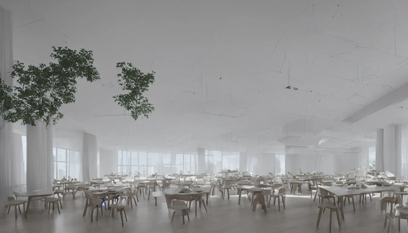 Image similar to A clean white modern interior of a large dining room, rendered by Beeple, Makoto Shinkai, syd meade, simon stålenhag, environment concept, digital art, unreal engine, WLOP, trending on artstation, low level, 4K UHD image, octane render,