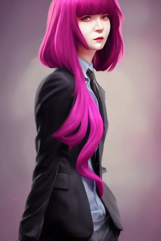 Prompt: a digital painting of a woman in a suit, with short magenta hair, face covered, a character portrait by artgerm, trending on artstation, fantasy art, ilya kuvshinov, artstation hd, artstation hq