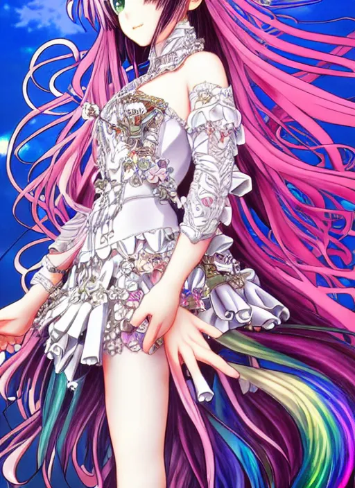 Image similar to highly detailed minaba hideo artstation anime poster of girl mechine, long hair, armor, dress, laces, ruffles, 8 k, rainbow gradient bloom, maximalist, takeshi obata, artgerm, alphonse mucha