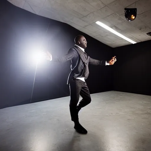 Image similar to black man dancing inside a state of the art photography studio