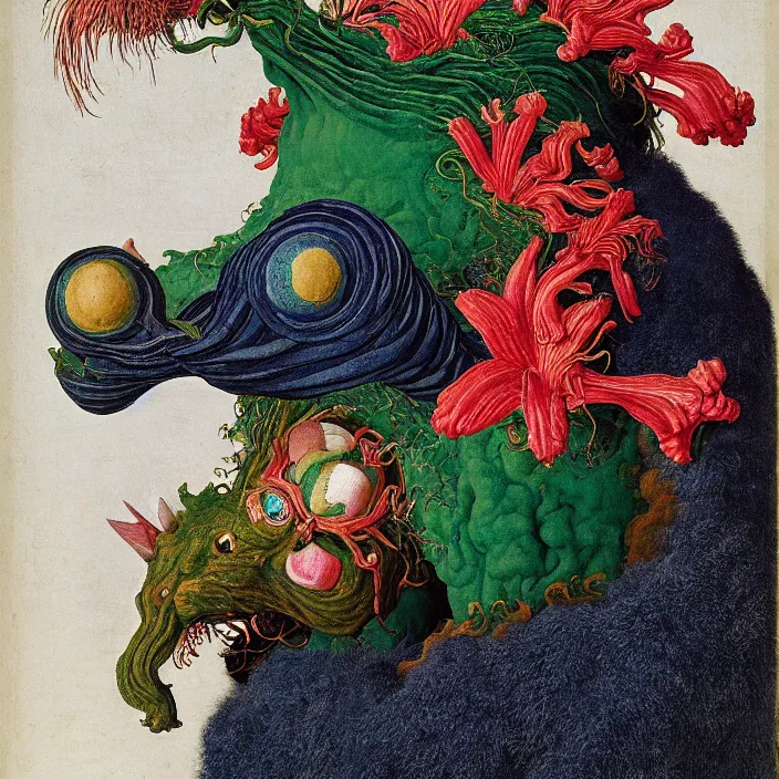 Image similar to close up portrait of a mutant monster creature with white fluffy moth pouf, exotic lily ears, psychedelic dark blue coral protuberances, cuttlefish pulsing malachite tendrils. by jan van eyck, walton ford