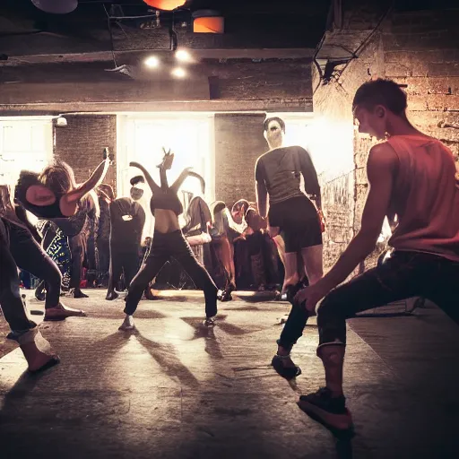 Prompt: old school breakdance party with old vibe and atmospheric environment, cypher with dancers in middle and people around them, photorealistic, fun, old school locking clothes, rock dance clothes
