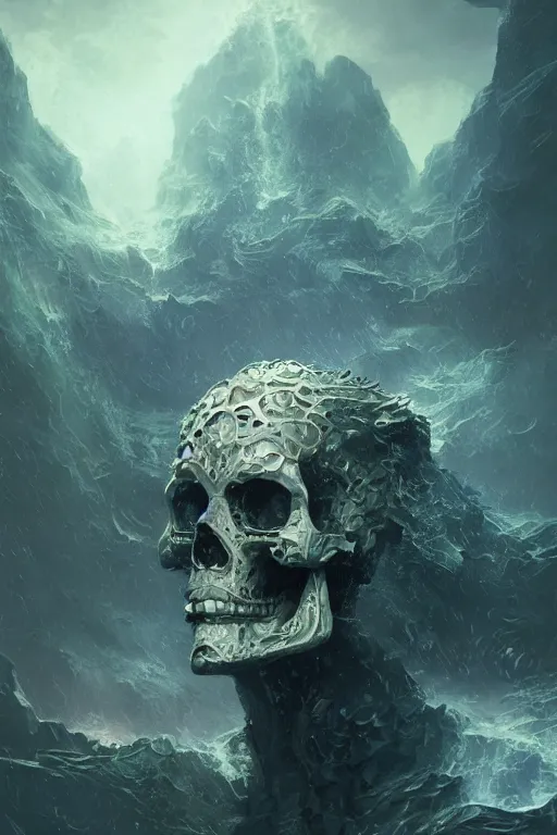 Prompt: atlantis skull, close - up portrait, powerfull, intricate, elegant, volumetric lighting, scenery, digital painting, highly detailed, artstation, sharp focus, illustration, concept art, ruan jia, steve mccurry