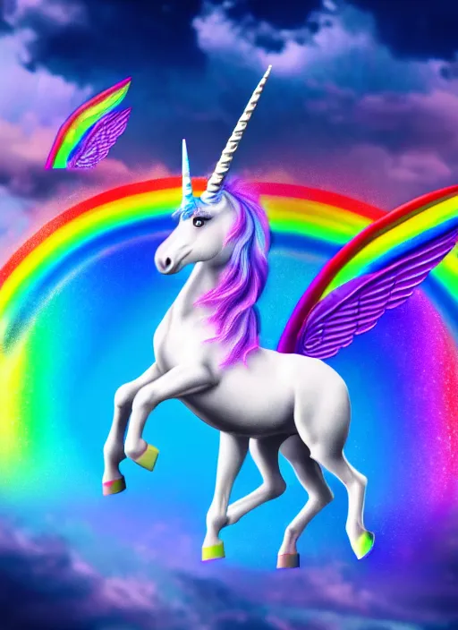 Prompt: intricate unicorn with wings, rainbow, on the background of a weird magical sky with clouds. Very detailed 8k. Fantasy. Sharp. Cinematic post-processing
