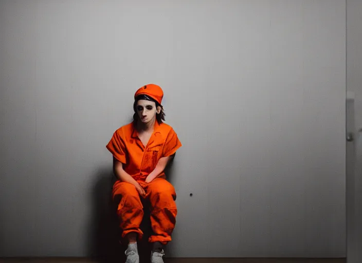Prompt: photo of emma watson sitting in a jail cell wearing an orange jumpsuit and a red hat, defocused bars in the foreground, detailed face, 8 k, 8 5 mm f 1. 8