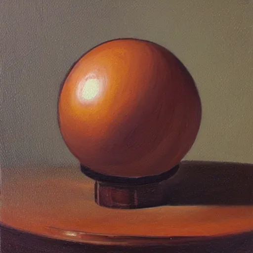 Image similar to oil painting of a spherical rough boulder on a pedestal with a match stick in its side, brown background