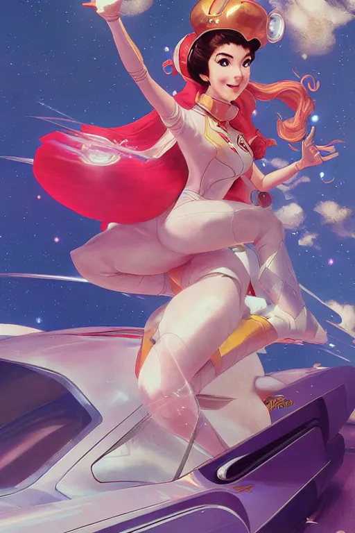 Image similar to princess peach style of speed racer, dynamic pose, retro anime, intricate, futuristic, fantasy, elegant, by Stanley Artgerm Lau, Margaret Keane, greg rutkowski, thomas kindkade, alphonse mucha, loish, norman Rockwell,