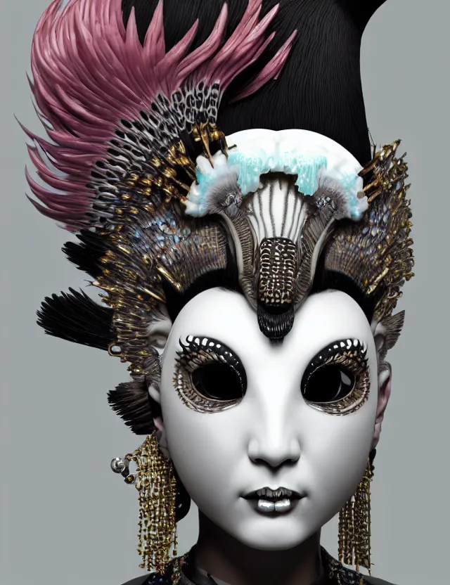 Image similar to 3 d goddess close - up profile portrait punk with mohawk with ram skull. beautiful intricately detailed japanese crow kitsune mask and clasical japanese kimono. betta fish, jellyfish phoenix, bio luminescent, plasma, ice, water, wind, creature, artwork by tooth wu and wlop and beeple and greg rutkowski