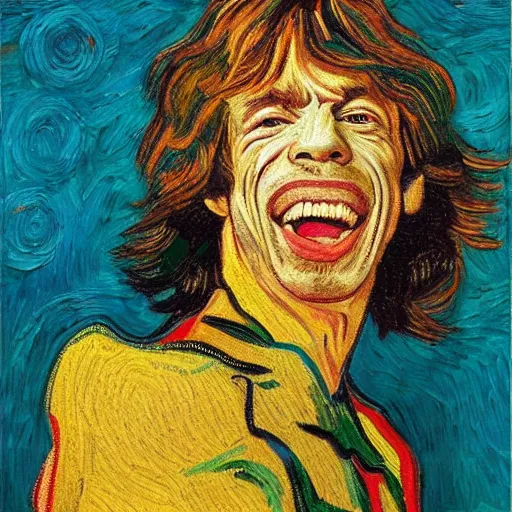 Prompt: an artistic portrait of mick jagger, smiling, high quality, studio photography, colorful, hero, heroic, beautiful, in the style of vincent van gogh