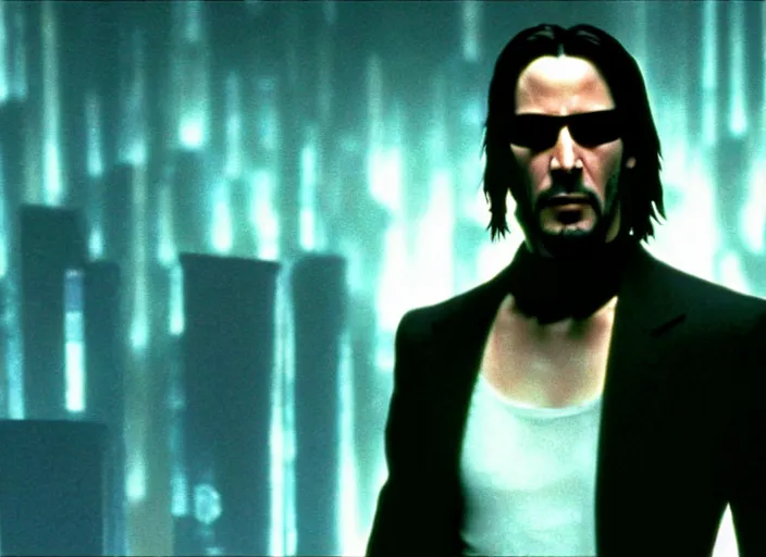 Image similar to A photo of Keanu Reeves as Neo in The Matrix movie doing a thumb up to the camera in front on burning servers, servers in flames in the background, doing a thumb up, The Matrix servers on fire, uncropped, full body, crispy, symmetrical face, ultra detailed, cinematic