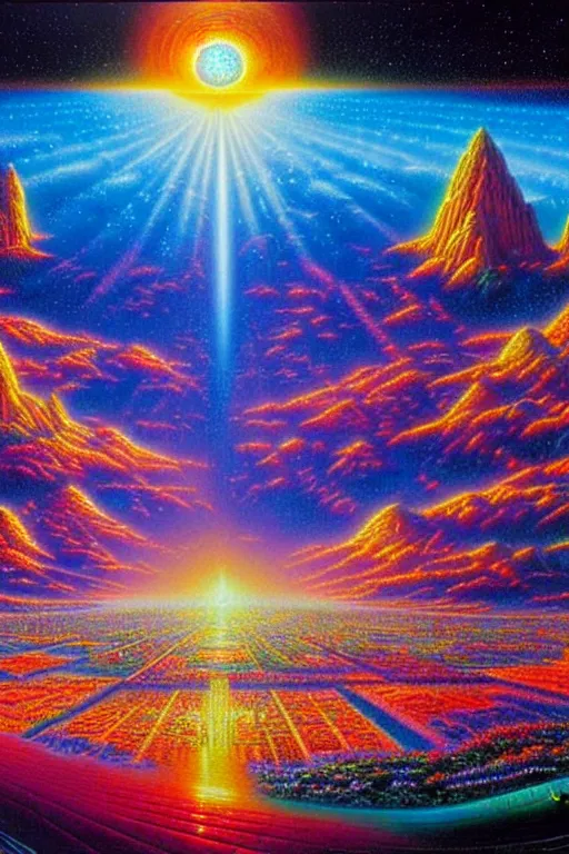 Prompt: a photorealistic detailed cinematic image of a beautiful vibrant iridescent future for human evolution, spiritual science, divinity, utopian, grandiose, ornate, mind expansionist, ground view, by david a. hardy, kinkade, lisa frank, wpa, public works mural, socialist