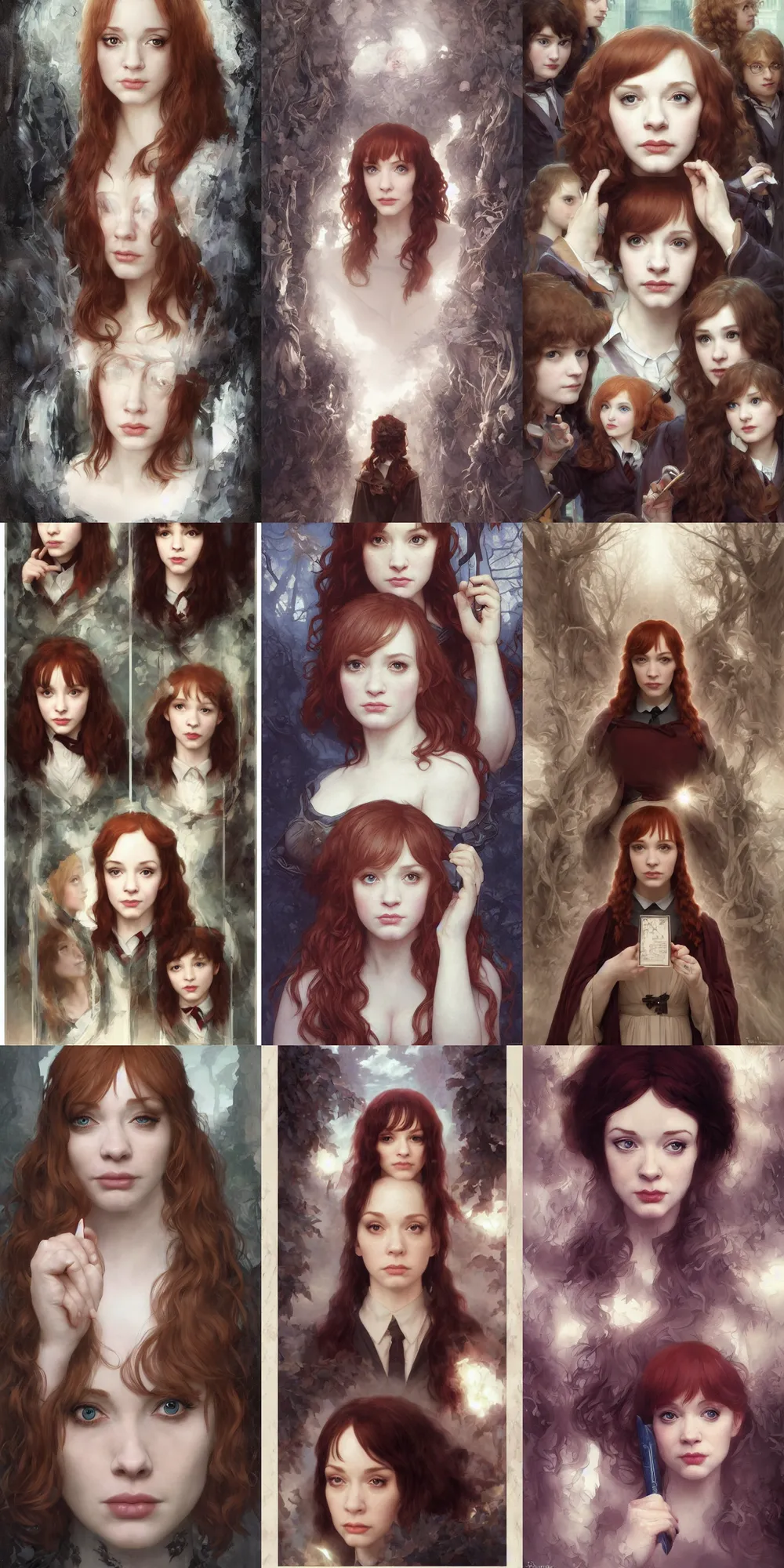 Prompt: looking through a mirror at a beautiful sad mouth open christina hendricks dressed as a hogwarts student, with brown hair, harry potter, defined facial features, symmetrical facial features. by ruan jia and artgerm and range murata and krenz cushart and william adolphe bouguereau, key art, fantasy illustration, award winning, intricate detail realism hdr